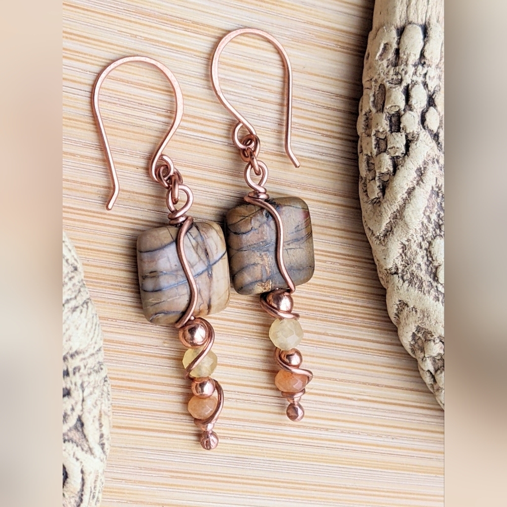 Desert Vibes Jasper Earrings Artisan Copper Wire Wrapped Design - Picture 5 of 12